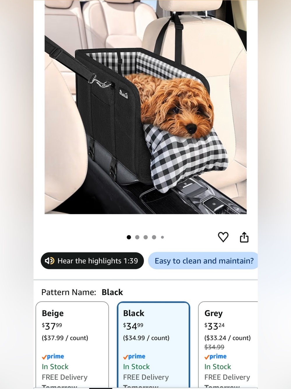 Black Pet Car Booster Seat with Checkered Cushion - Safe Travel Dog Carrier